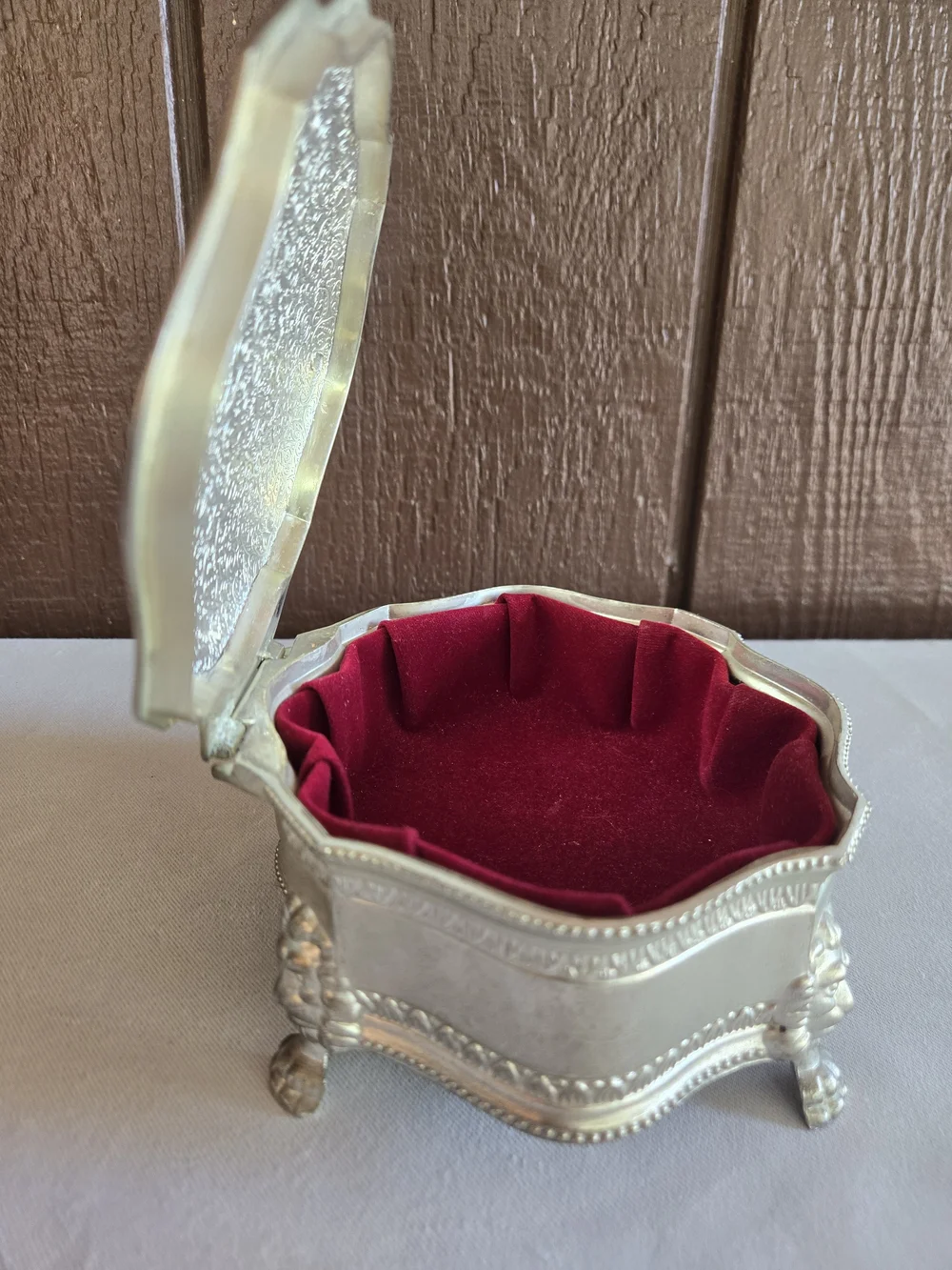 Ornate Jewelry Trinket Box with Lion Head Feet And Red Lining Vintage